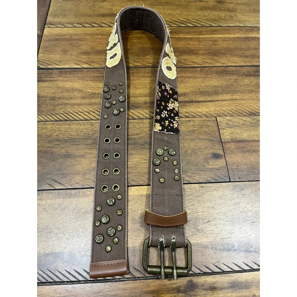 Etui Canvas Belt Womens 28 Brown Good Old Trend Patchwork Studded Grommet Double